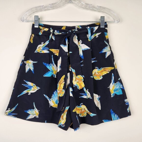 Zara Size XS Bird Print High Waisted Belted Shorts with Pockets - Picture 1 of 6